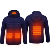Navy blue heated jacket with glowing orange heating elements on a white background